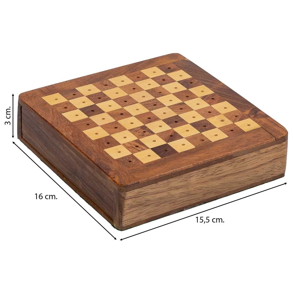 Gioco 3/11 (scacchi+domino+dadi) in scatola, legno marrone 15,5x16x3
