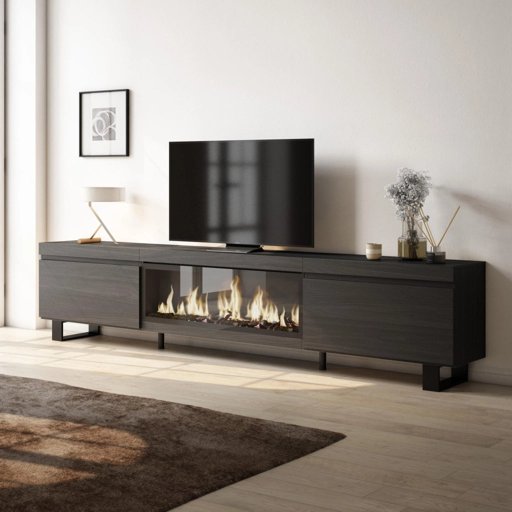 Mobile TV Soggiorno, 267x35x57cm, TV di grande formato, Camino elettrico XXL, Design industriale, Nero RF3601