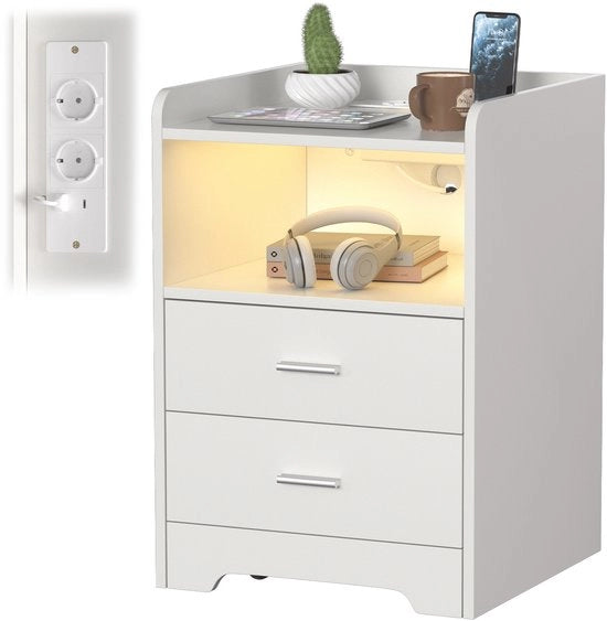Nachtkastini con illuminazione LED regolabile e ante, stile moderno, bianco