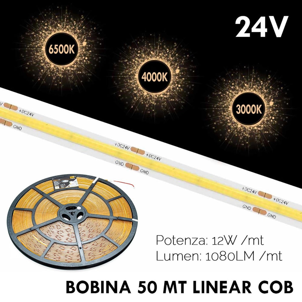 Tira LED Flexible LINEAL COB 24V luz continua lama 12W/m perfiles barras 1080lm/m BOBINA 50 metros con conectores 6000K