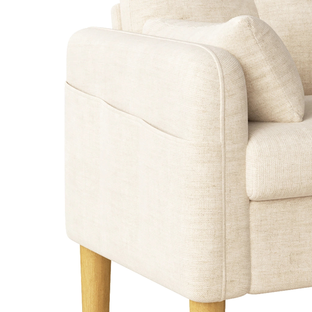 Divano 2 posti con cuscini e tasca laterale in chenille beige 119 × 78 × 85 cm