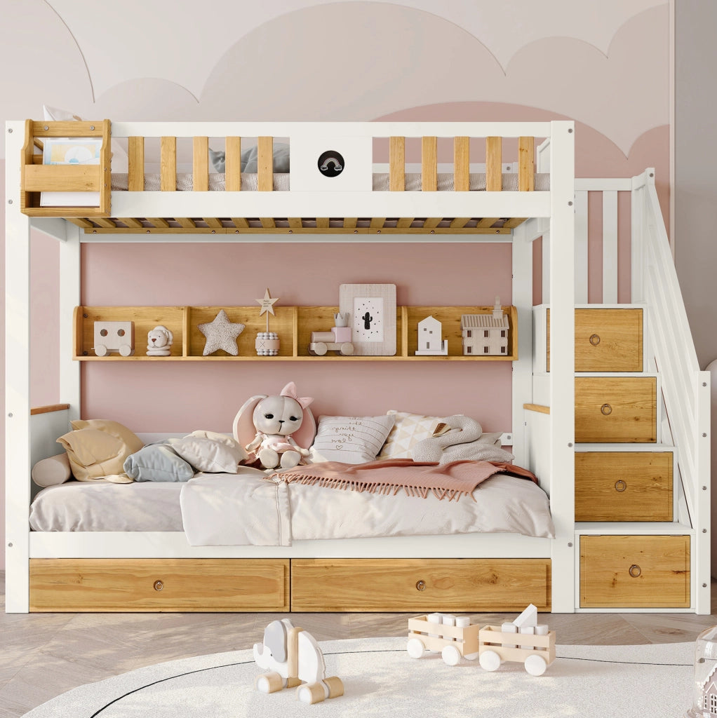 Letto a castello 90x200 cm con scala contenitore, cassetti e lavagna, bianco naturale