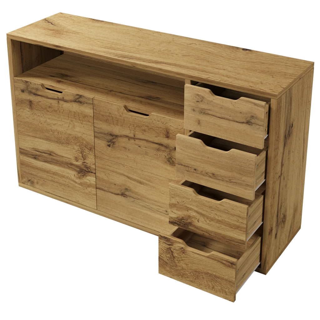 Comò Sideboard 150x40x90 cm in finitura rovere con 2 ante, 4 cassetti e struttura in metallo