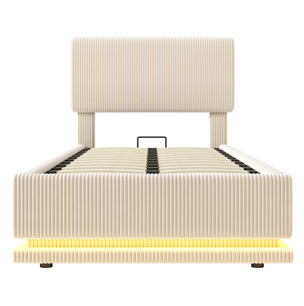 Letto imbottito 90 x 200 cm in velluto a coste beige con LED; USB-C e testiera regolabile