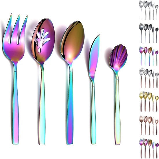 5 pezzi di stoviglie con rivestimento in titanio in colori arcobaleno, stoviglie in acciaio inossidabile, cucchiaio da servire, cucchiaio di schiuma, forchetta da servire, cucchiaio per lo zucchero, cucchiaio per lo strutto, resistente al lavastoviglie