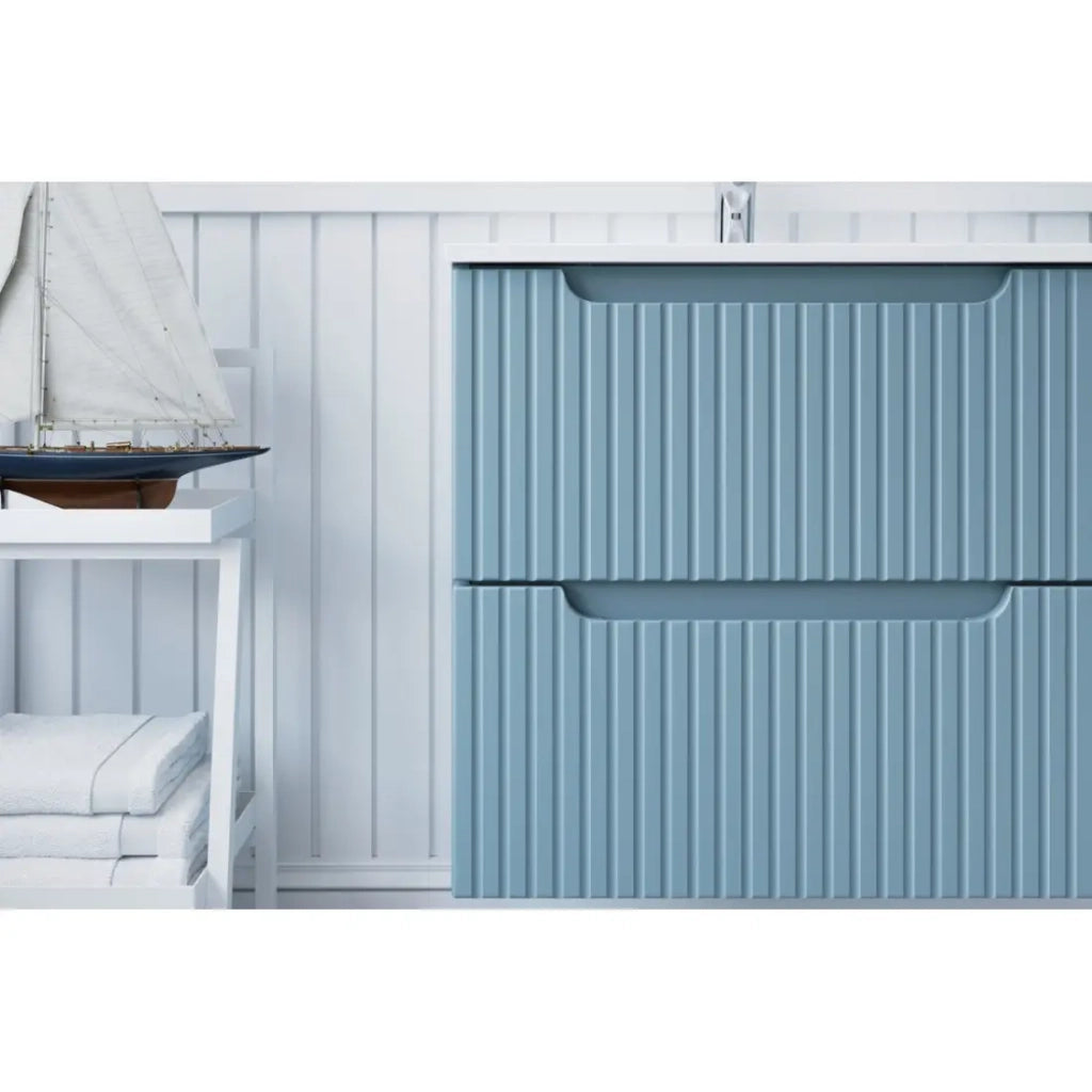Set bagno sospeso VANO blu denim 90cm: mobile basso con cassetti + lavabo incasso bianco + colonna