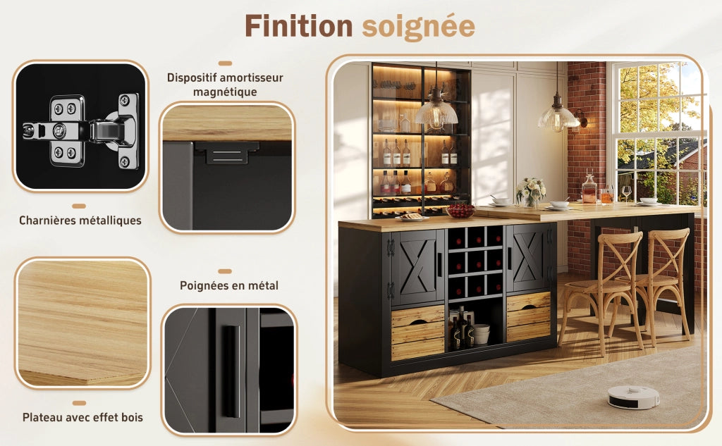 Tavolo da cucina allungabile con sideboard e piano girevole 360°, colore nero