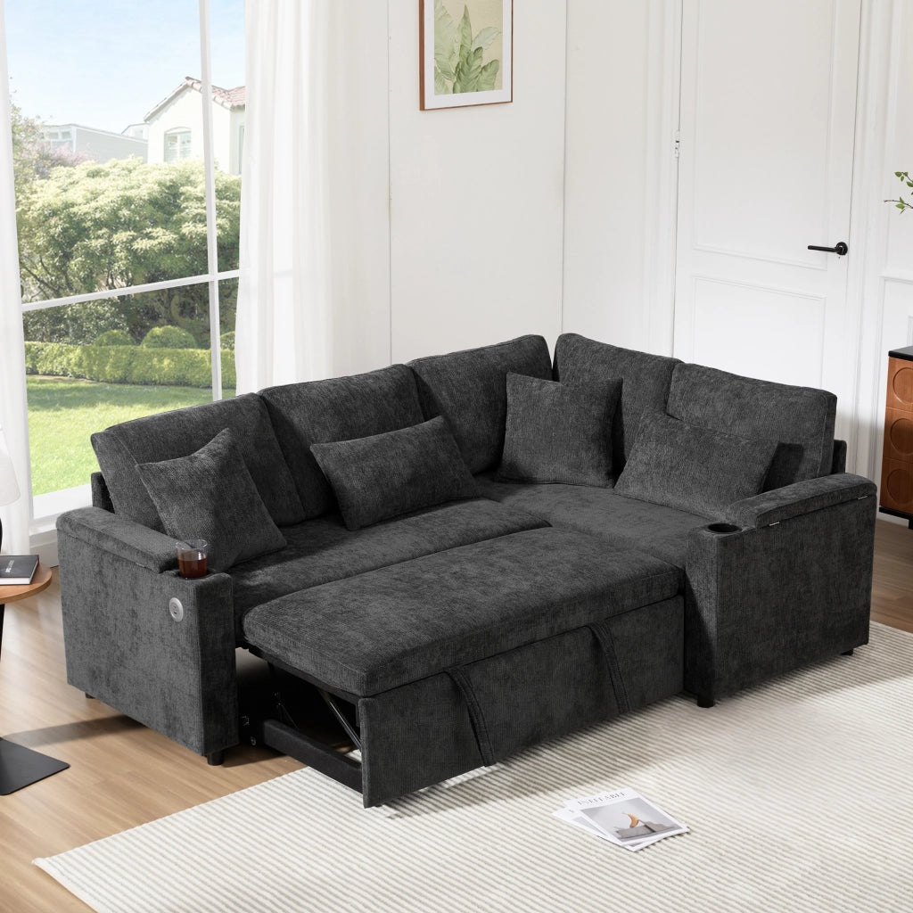 Divano Angolare Letto con Contenitore ¨C MINIMAL ¨C Grigio, Tessuto, Portabicchieri, USB