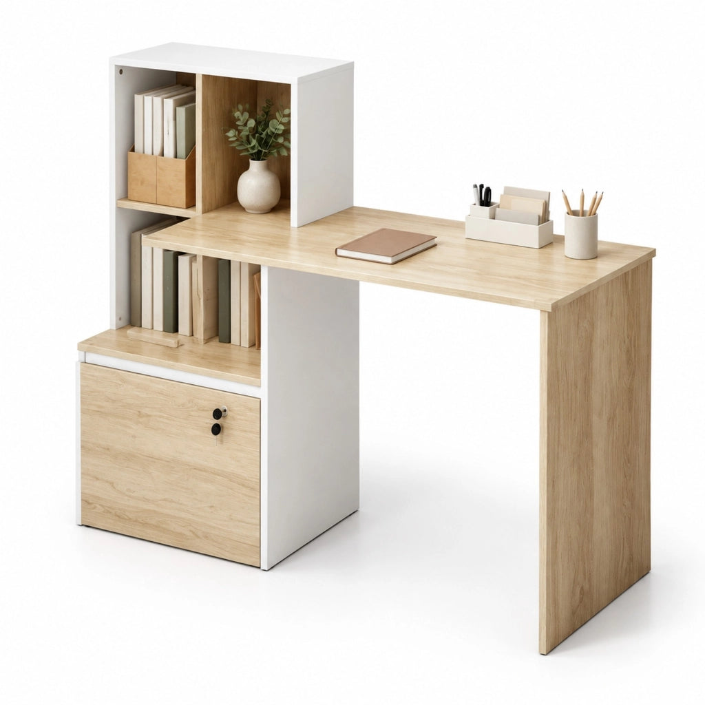 Scrivania per computer 126x50x109 cm bianco e rovere con vani e cassetto –