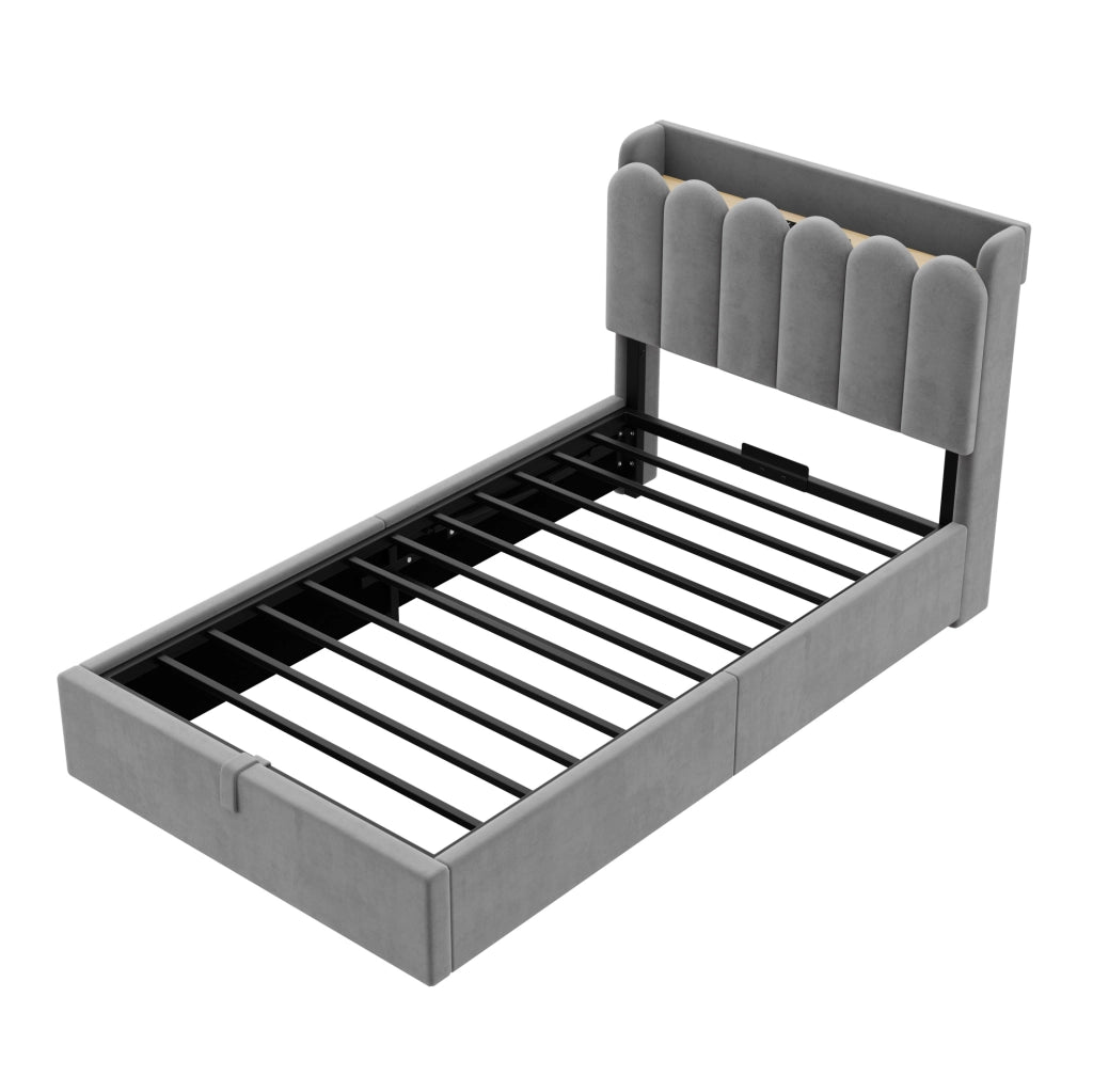 Letto per bambini imbottito 90x200 cm in velluto grigio con contenitore; USB Type-C e luce