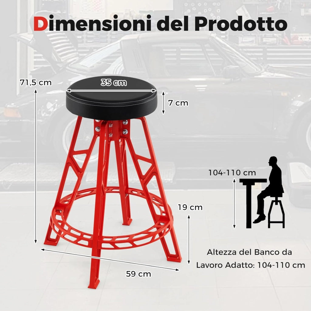 Sgabello da Officina, Sedia Meccanico in Metallo con Girevole a 360° e Seduta Imbottita, Capacità di 182 kg, Sgabello Alto da Lavoro con Poggiapiedi per Garage e Officina, Rosso + Nero