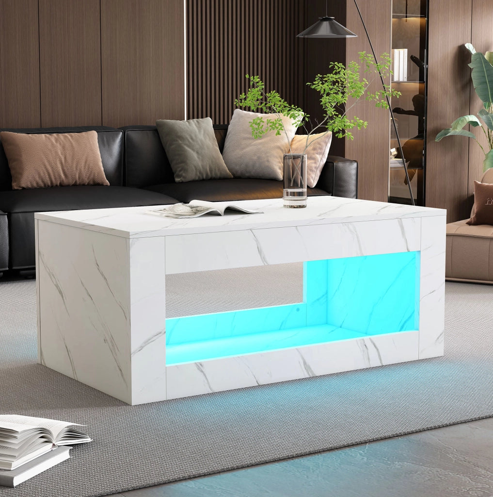 Tavolino da caffè con LED e vano aperto 100x50x50 cm bianco effetto marmo