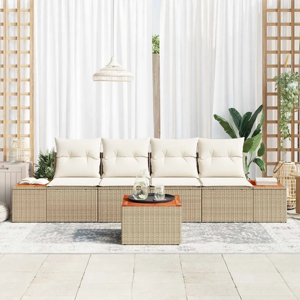 Set Divano da Giardino con cuscino 5 pcs Beige Poly Rattan
