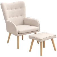 Poltrona con Poggiapiedi, con Schienale Alto, Gambe in Legno Trapuntate e Rivestimento in Lino, Beige