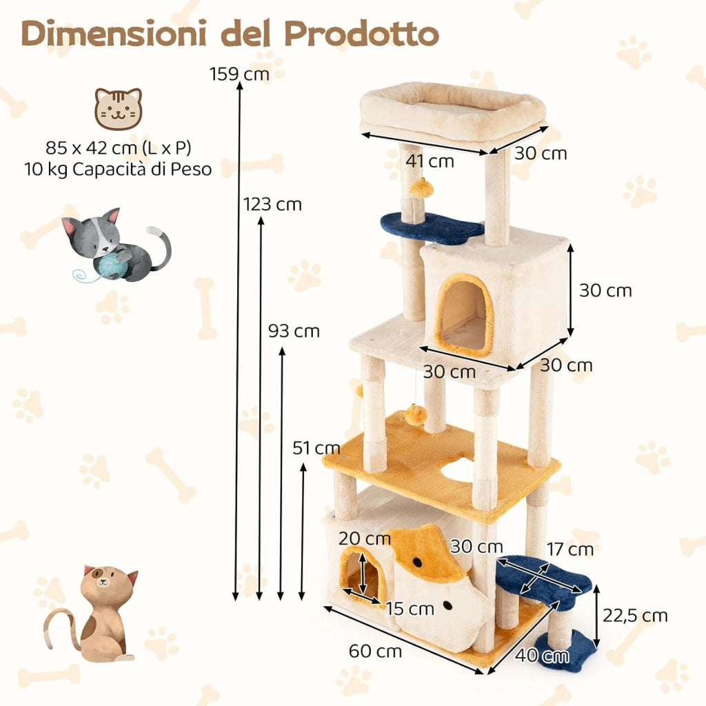 Albero per Gatti da Interno Alto 159 cm, Tiragraffi per Gatti con 2 Condo, Posatoio Morbido Rimovibile e Palo Scratcher in Sisal, Centro Attività Versatile per Animali Domestici