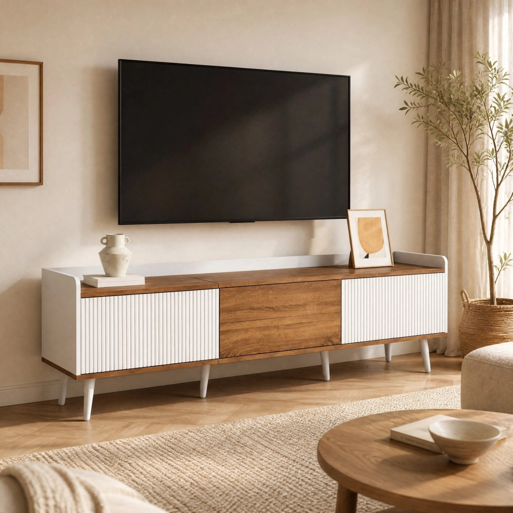Mobile TV a 3 ante bianco e naturale, 160x39x49,5 cm