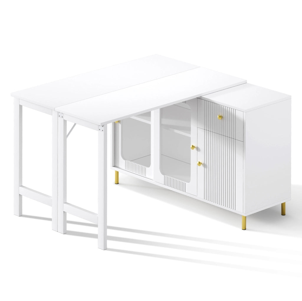 Credenza 116x40x78.5 cm con piano estensibile; ante scorrevoli in vetro; MDF bianco