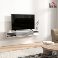 Mobile TV Sospeso in Legno con 2 Ripiani Aperti e Armadietto, 120x26x16 cm, Bianco e Grigio