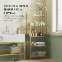 Scaffale Portaoggetti ad Arco a 5 Ripiani in Acciaio e Vetro Temperato, 60x30x175 cm, Oro