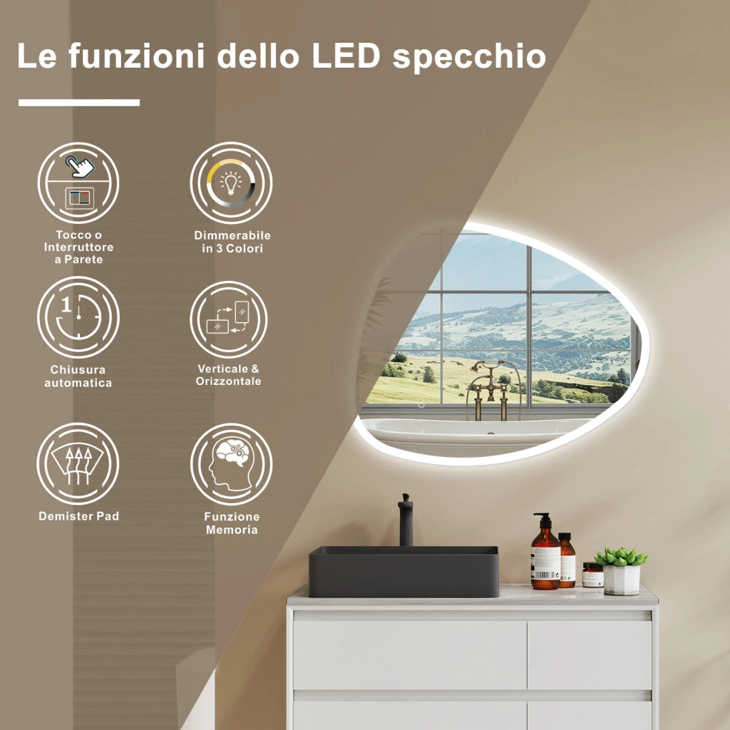 120 x 80 cm Specchio con illuminazione integrata bagno ciottolo. Touch. 3 Temperature Colore. Pellicola Antideflagrante