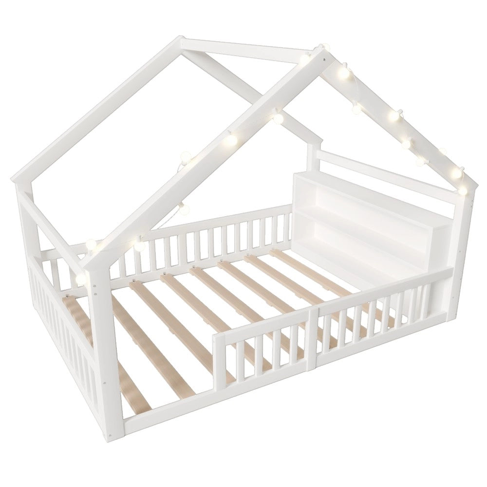 Letto Singolo per Bambini con Grate ¨C MINIMAL ¨C Pino, LED, Bianco, 140x190