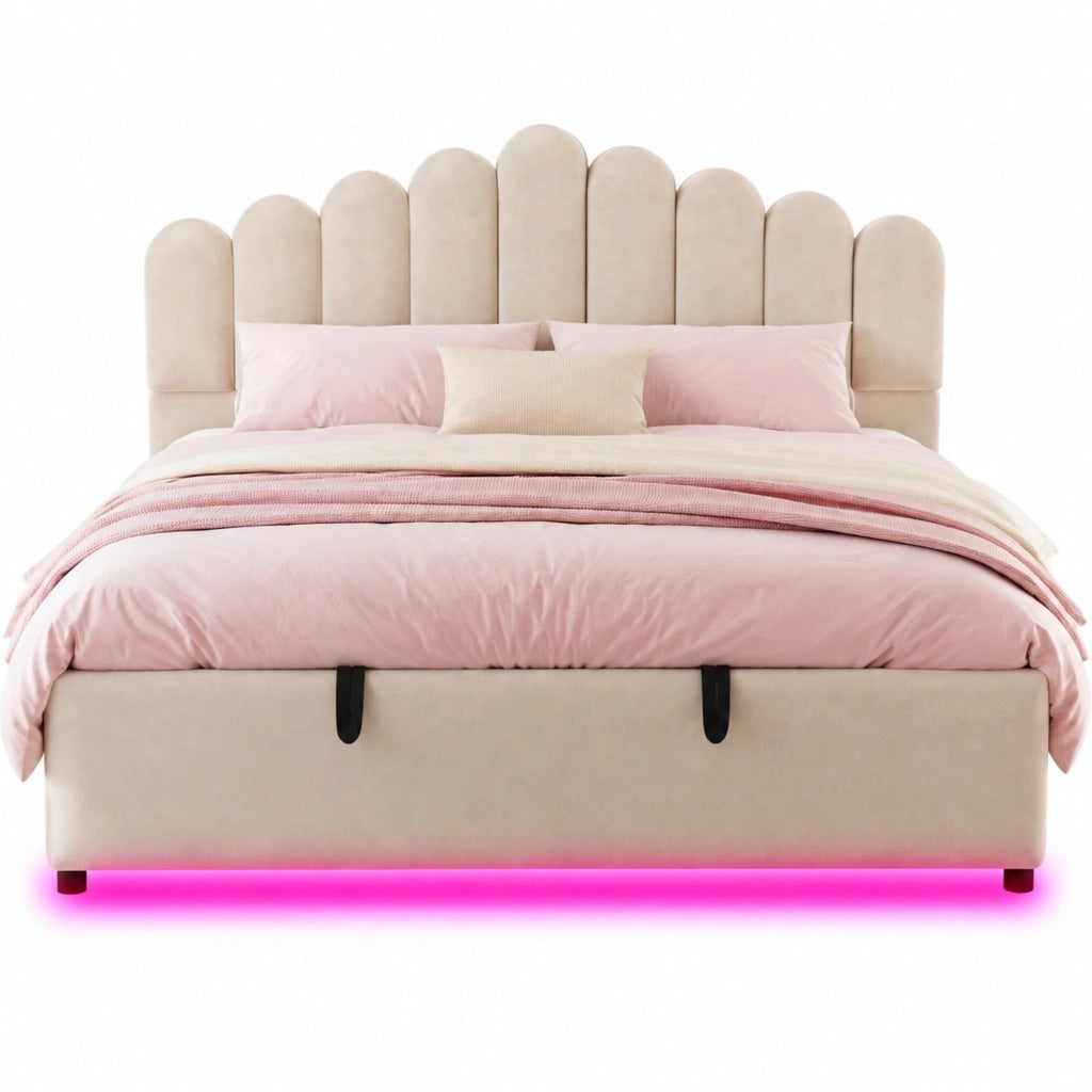 Letto imbottito beige 180 x 200 cm con vano contenitore e illuminazione LED