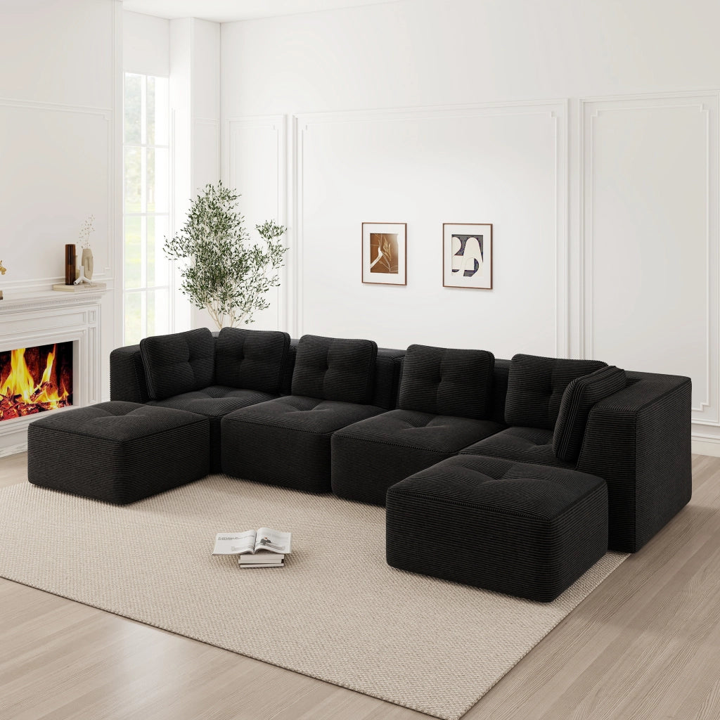 Divano angolare modulare senza montaggio con design antiscivolo braccioli larghi e seduta profonda in velluto a coste nero