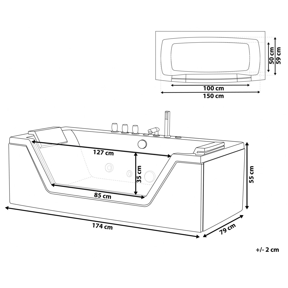 Massaggio Punti Bagno Nero Argento con LED Sanitario Acrilico e Vetro Singolo 174 x 79 cm