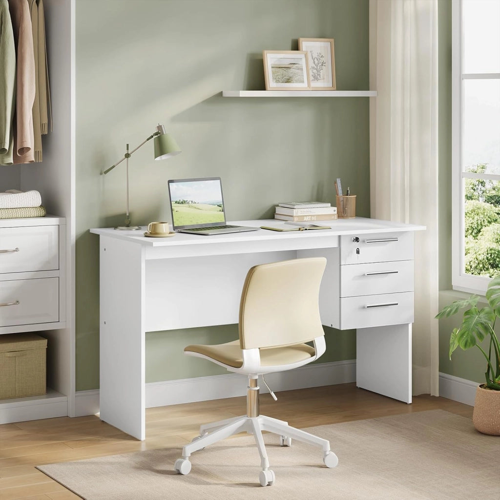 Scrivania con 3 Cassetti, 120x60 cm, Bianco, Tavolo da Lavoro, Scrivania per Computer, Porta PC in Legno