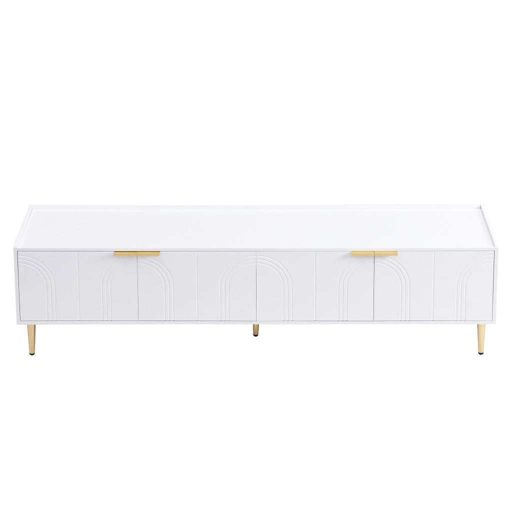Mobile porta TV bianco in MDF con ante scolpite, maniglie e piedini dorati, passacavi, 170 × 35 × 47.5 cm