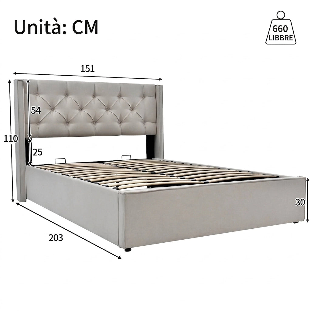 Letto Imbottito 140x200 con Contenitore Idraulico in Cotone Grigio Chiaro
