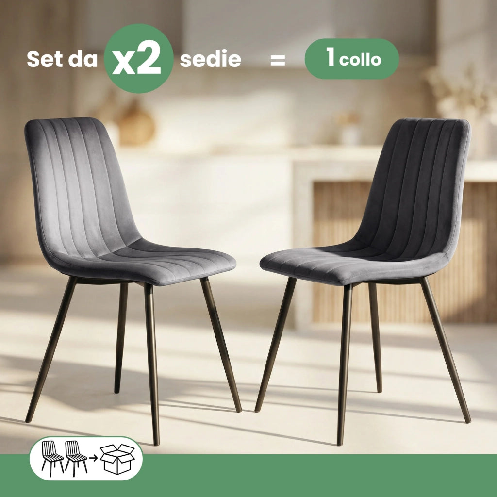 Set di 2 Sedie in velluto trapuntate LIVO Grafite Scuro gambe nere