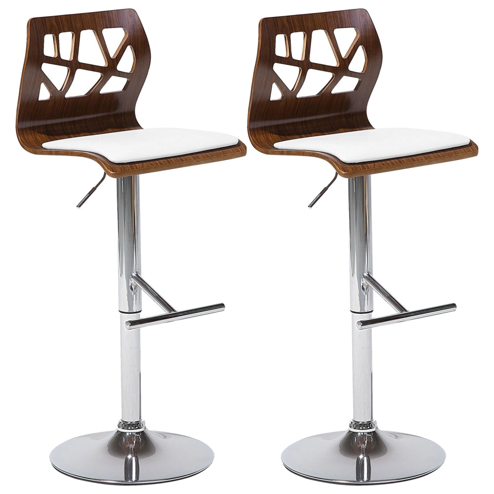 Set di 2 sgabelli da bar in ecopelle bianco e legno scuro Girevole Alzata a Gas Regolabile in Altezza Moderno