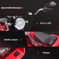 Moto Elettrica per Bambini a 3 Ruote con Luci e Suoni, Batteria Ricaricabile 6V, Velocità 2 km/h, per Bimbi da 18-36 Mesi, 72x57x56cm Rossa