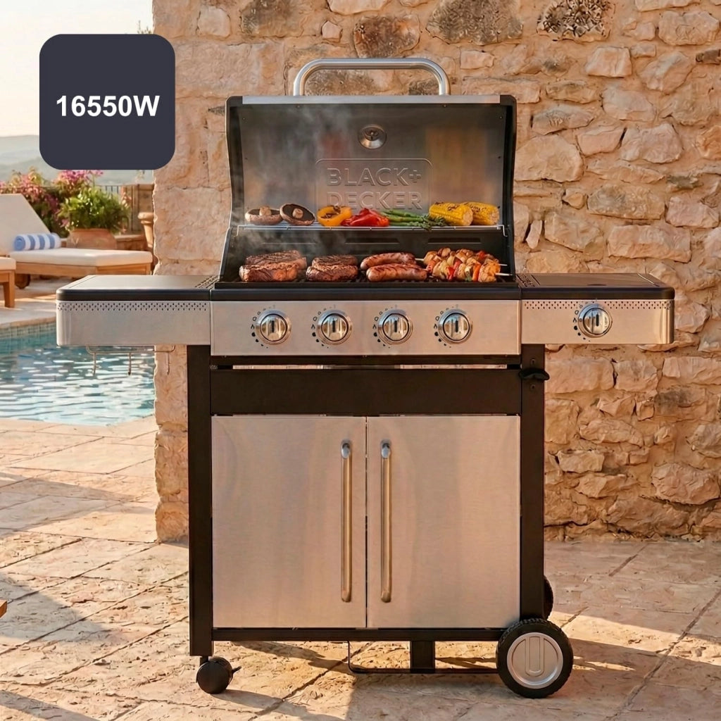 Black + decker bxog16550e barbecue inox a gas gpl con 4 bruciatori + 1 fornello laterale