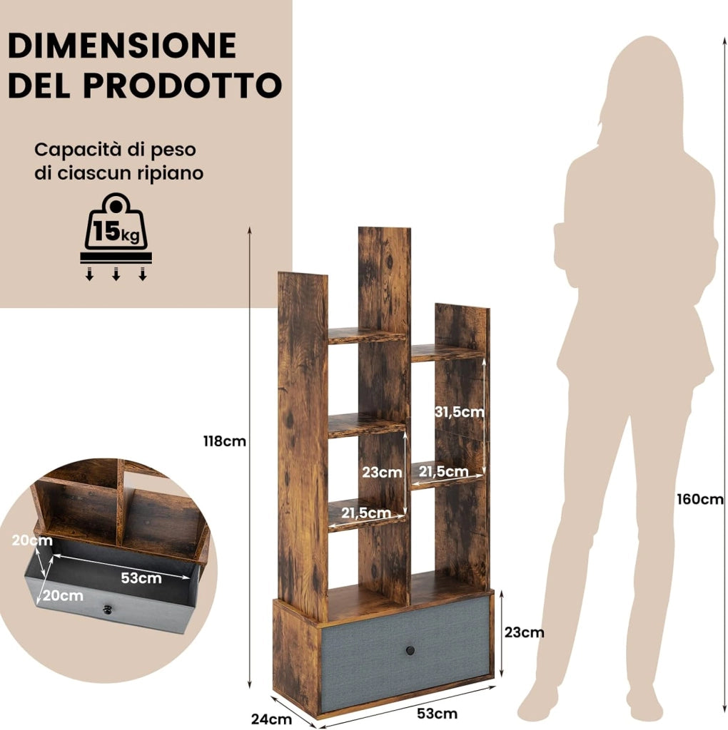 Libreria in Legno a 7 Piani, Scaffale Multifunzionale con 1 Cassetto e 7 Scomparti, Scaffale Espositivo per Soggiorno Studio Ufficio, 53x24x118 cm (Marrone, 1 cassetto)