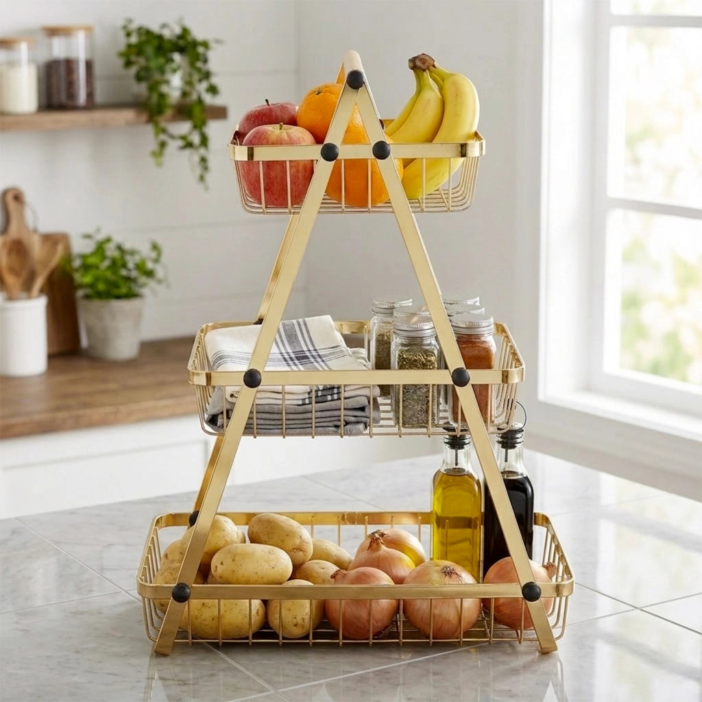Cesto per Frutta e Verdura 3 Piani Inossidabili con Manico in Legno Dorato Cheffinger