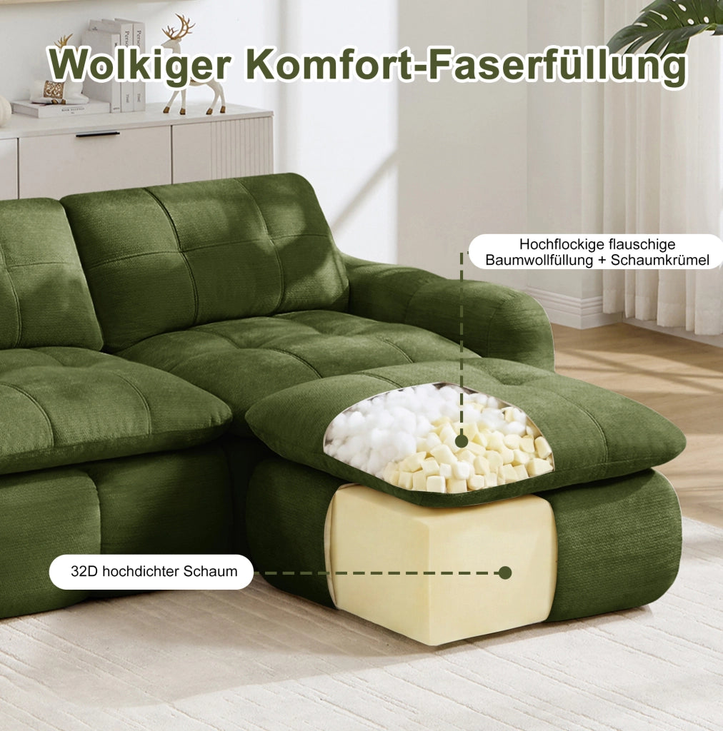 DIVANO Modulare 194x160 cm in Chenille Verde con Pouf