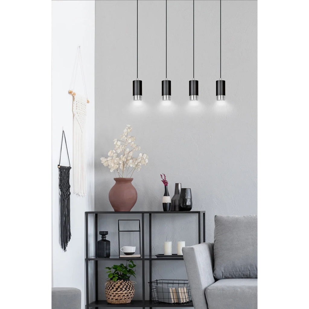Lampadario 4 Luci Ivar Con Cilindri In Acciaio Nero E Cromo