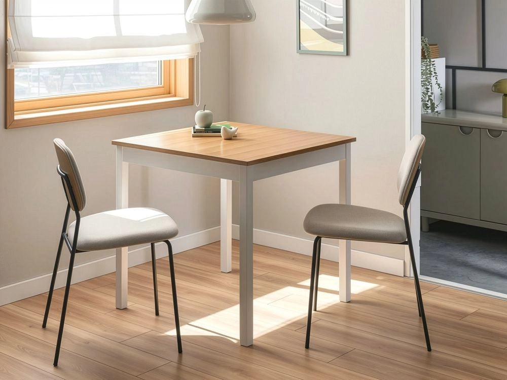 Tavolino da pranzo in MDF impiallacciato rovere chiaro con gambe in pino bianco 80 x 80 cm