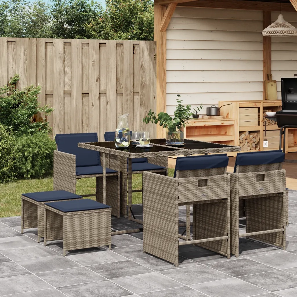 Set da pranzo da giardino da 9 pz con Cuscini in Polyrattan Grigio 3277908