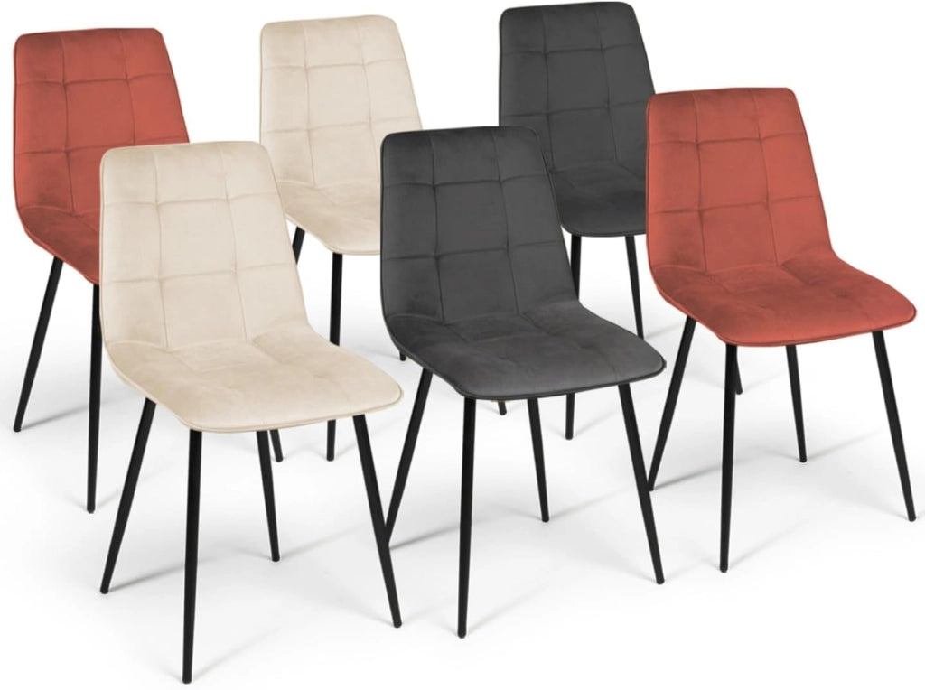 Lote de 6 sillas MILA en mezcla de terciopelo color terracota x2, gris oscuro x2 y beige x2