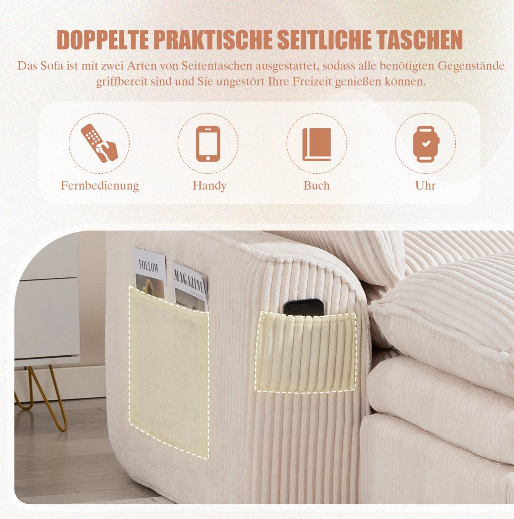 Divano modulare a 3 posti in corduroy beige con pouf; tasche laterali e cuscini 263x167x85 cm
