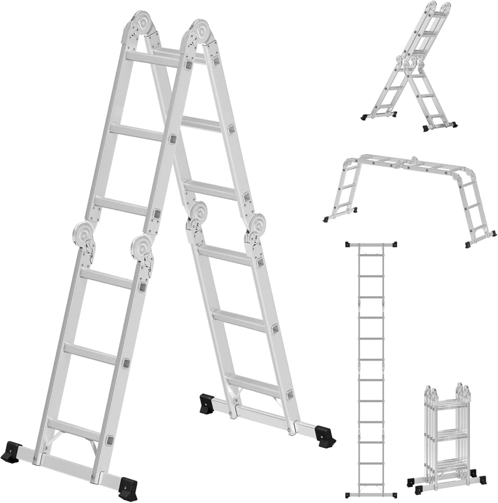 SONGMICS Scala Multifunzione in Alluminio, Scala a Gradini, Scaletta Domestica, 4 x 3 Gradini, fino a 150 kg, 12 Gradini, Design 6-in-1, Lunga 326 cm, Colore Argento GLT36M