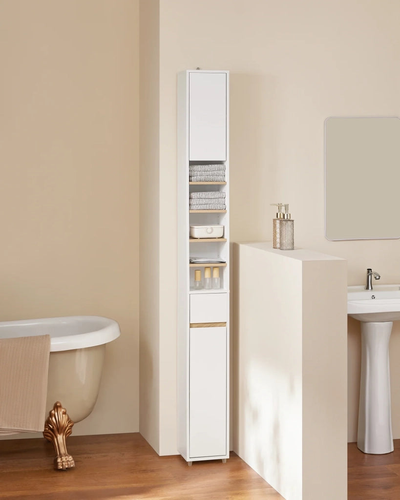Armadio Colonna bagno, Mobile bagno alto con 2 Ante e 1 cassetto altezza: 180 cm Bianco-Naturale BZR34-WN