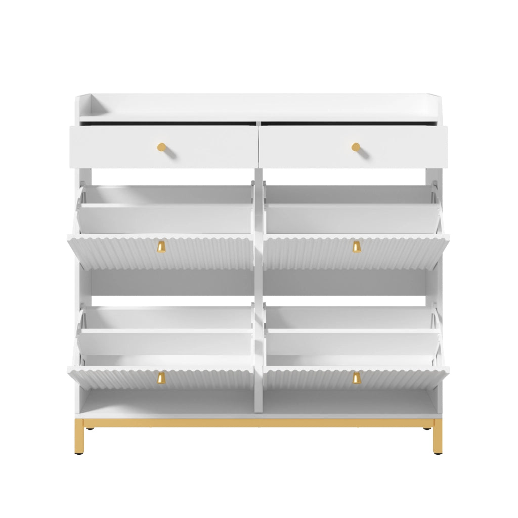 Scarpiera salvaspazio con 4 ante ribaltabili, 2 cassetti, struttura in pannello truciolare bianco, 106,5 x 25 x 107 cm