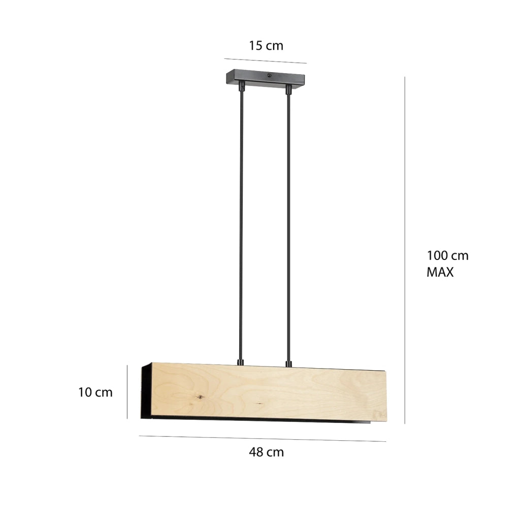 Lampadario 2 Luci Merlino In Acciaio Nero Corpo Rettangolare E Legno Naturale