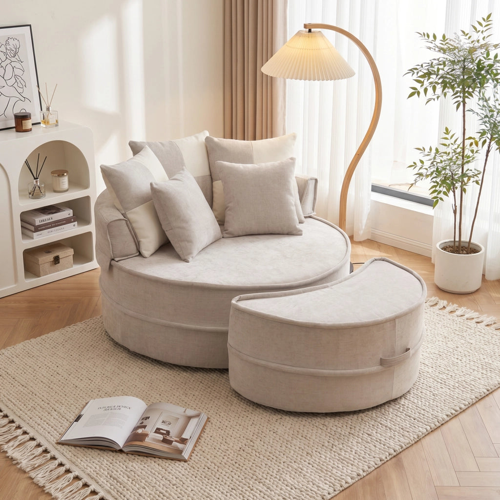 Poltrona rotonda senza montaggio con ottomana e 5 cuscini in schiuma chenille grigio per soggiorno 121 × 107 cm