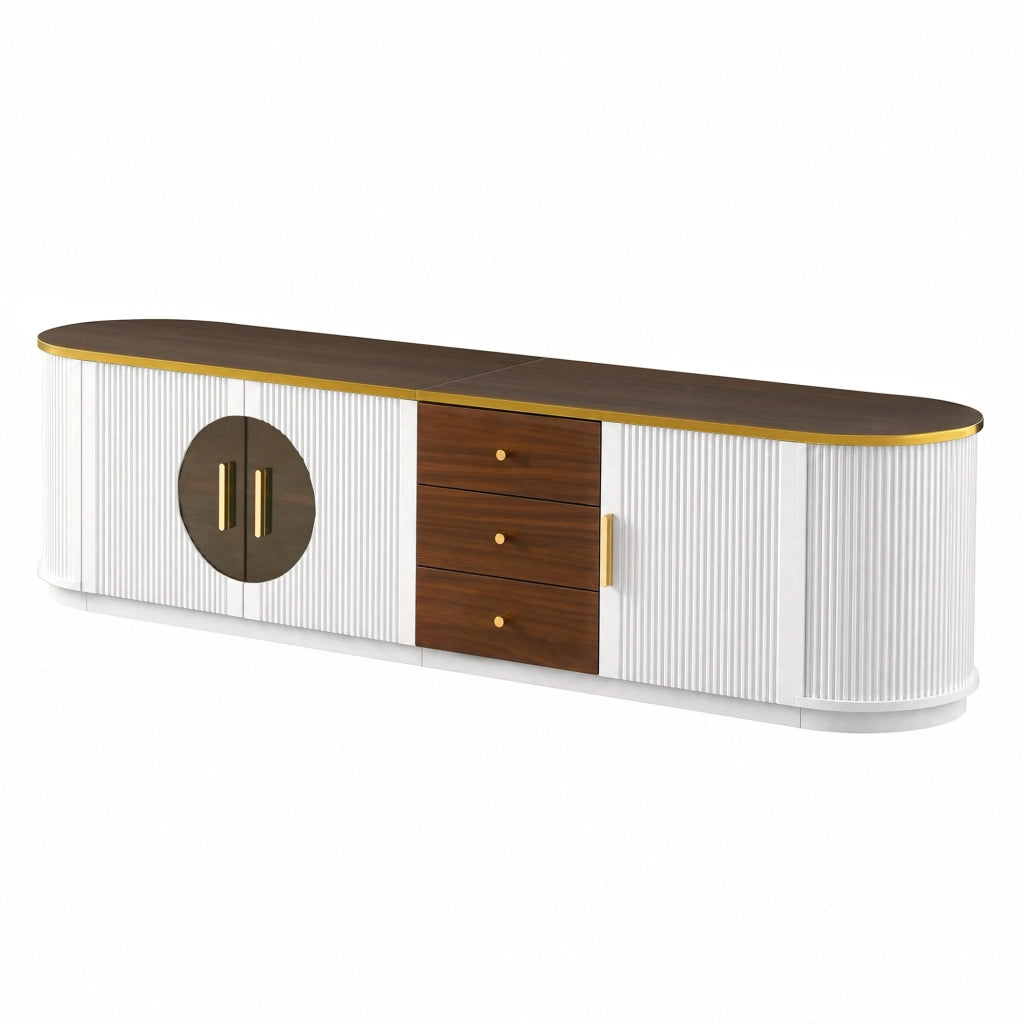 Mobile TV, ante in vetro marrone, in MDF, maniglie in metallo, finitura effetto legno, bianco e marrone