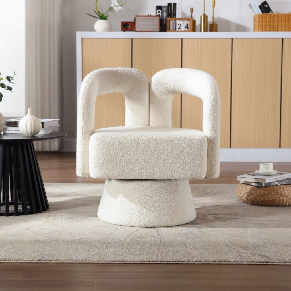 Poltrona girevole in bouclé beige a 360° con base in metallo